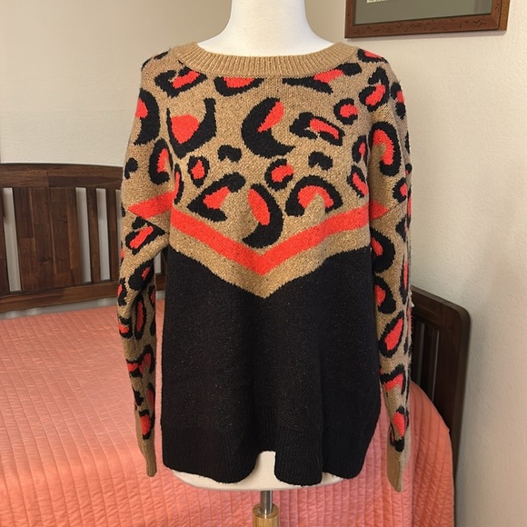 NWT Evereve Peyton Jensen Black Tan Red Chevron Leopard Print Sweater size Large - Picture 3 of 15
